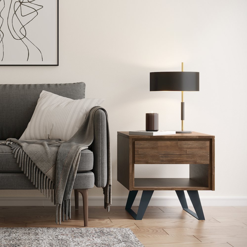 Lowry Solid Acacia Wood End Table In Rustic Natural Aged Brown. Picture 5