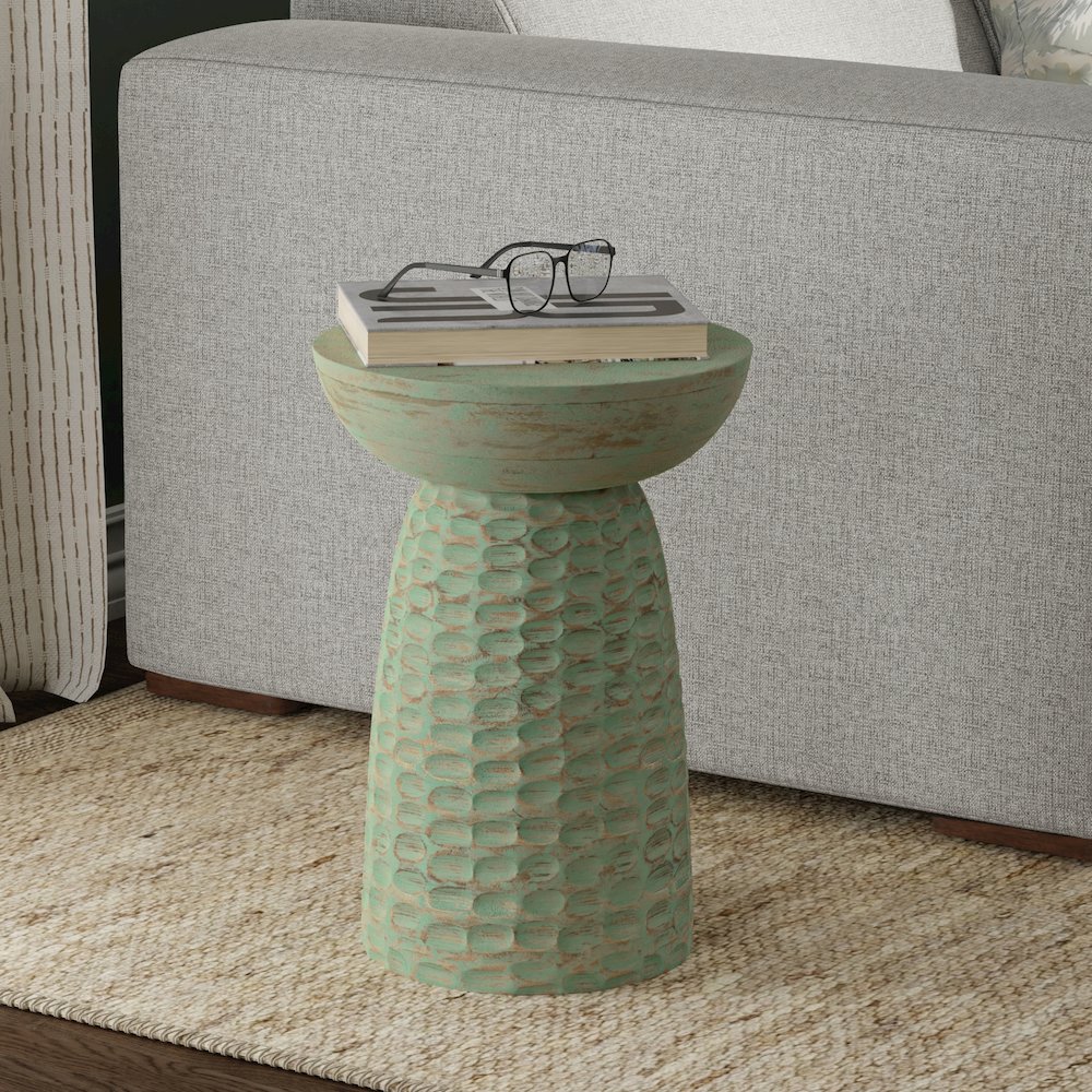 Boyd 13 inch Wide Solid Wood Contemporary Accent Table in Green Wash, Assembled. Picture 7