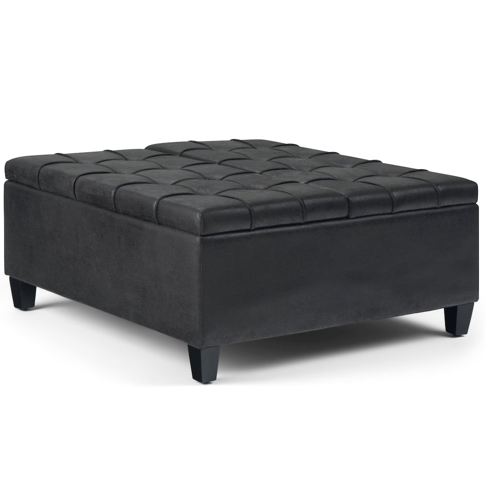 Harrison Coffee Table Storage Ottoman In Distressed Black Vegan Faux Leather. Picture 1