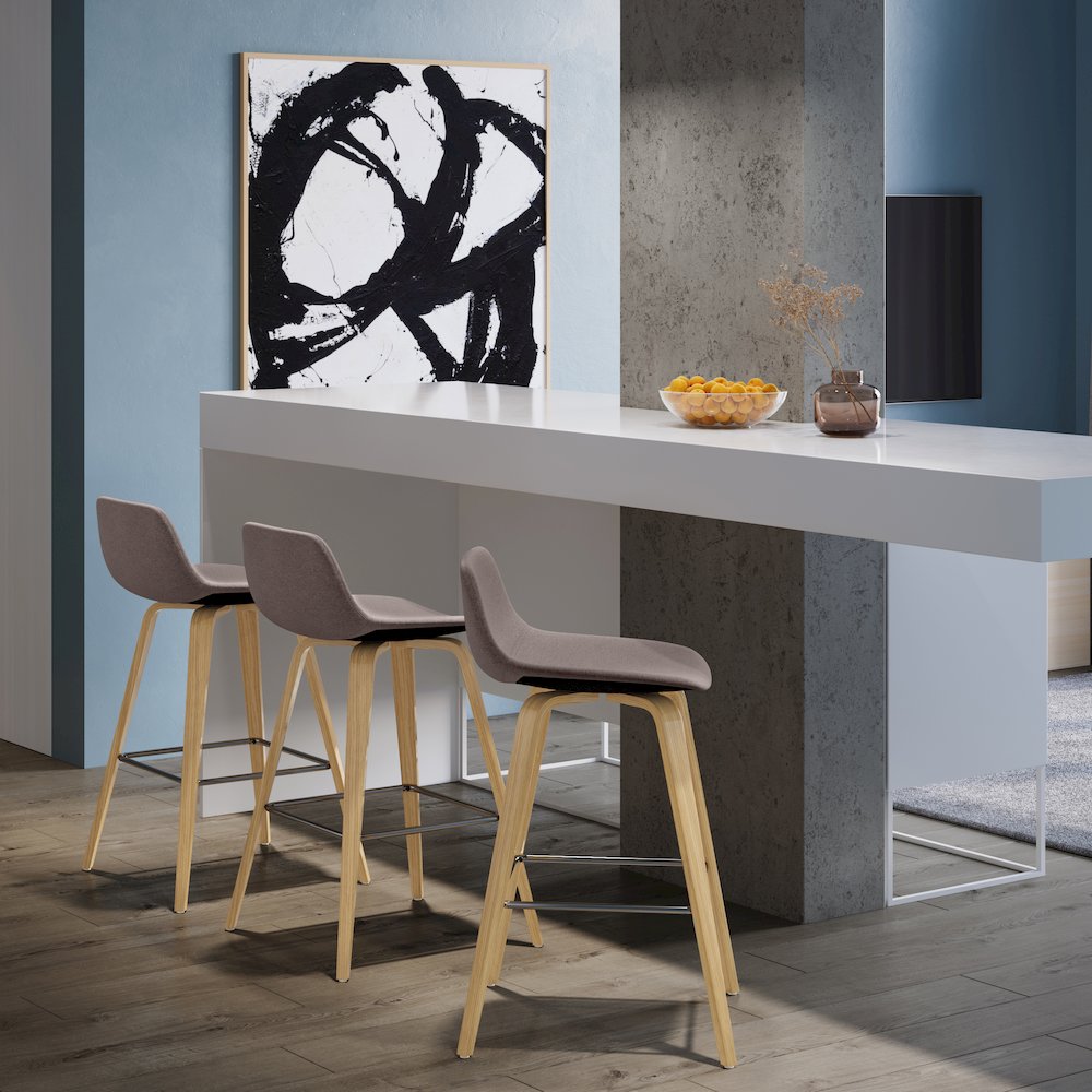 Counter Height Stool (Set Of 2) With Light Wood In Mocha Polyester Linen. Picture 5