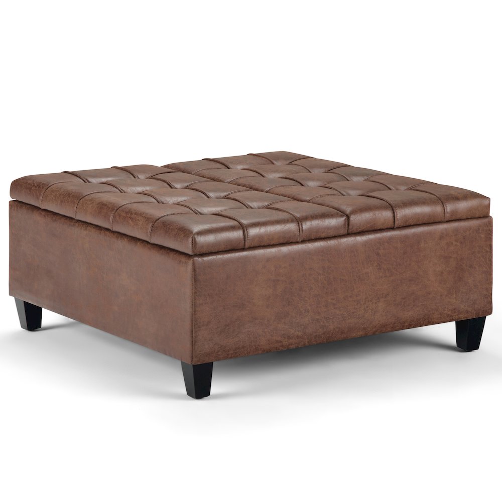 Coffee Table Storage Ottoman In Distressed Umber Brown Vegan Faux Leather. Picture 1