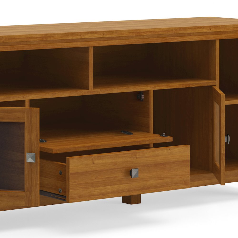 72 Inch Wide Tv Media Stand In Light Golden Brown For Tvs Up To 80 Inches. Picture 3