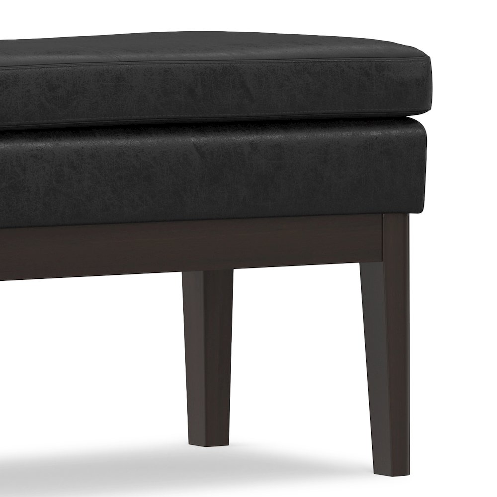 45 Inch Wide Mid Century Ottoman Bench In Distressed Black Vegan Faux Leather. Picture 5