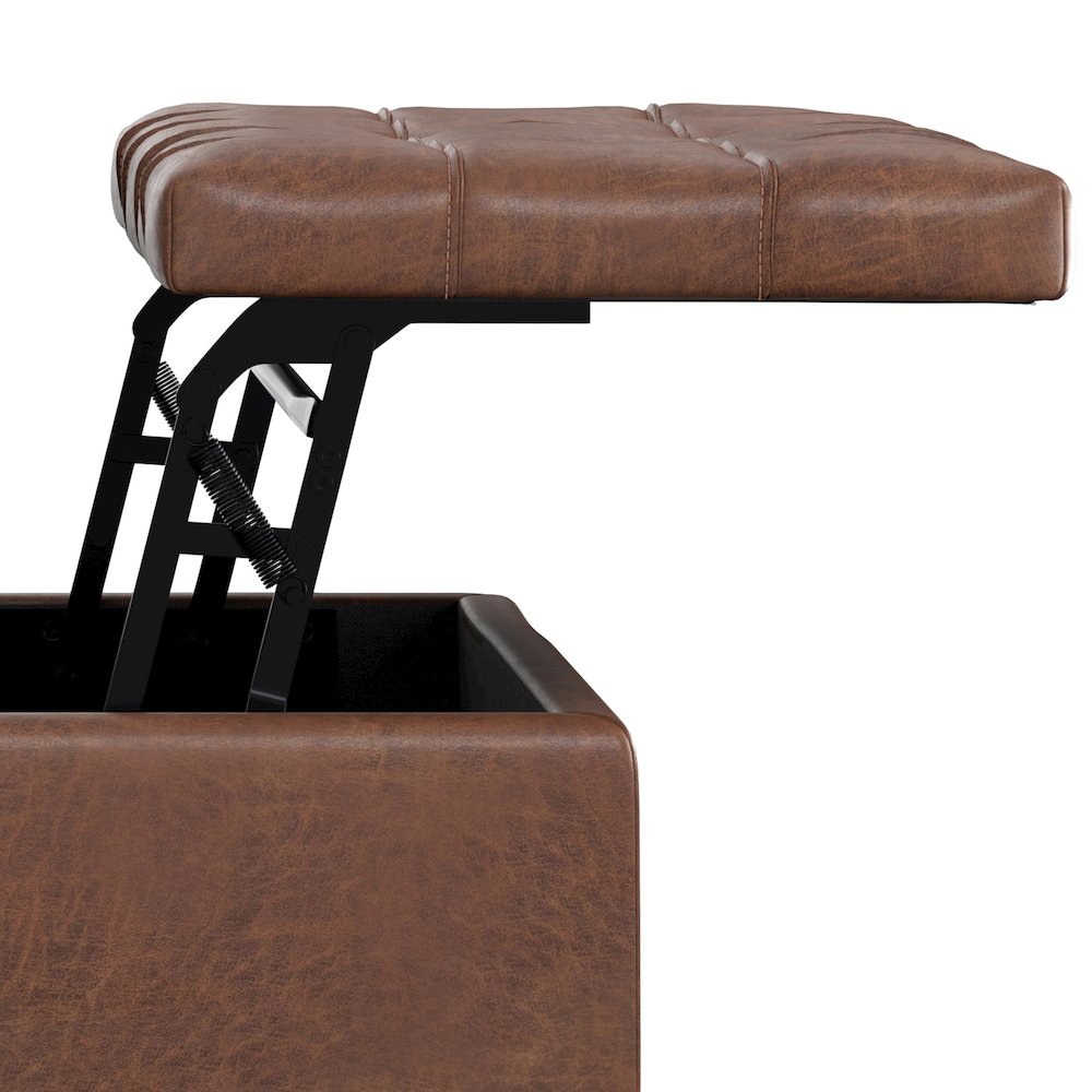 Laura Mid Century Lift Top Storage Ottoman in Distressed Saddle Brown. Picture 13