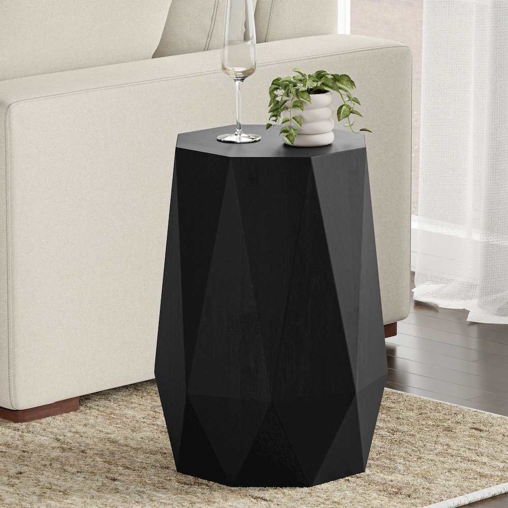 Solid Acacia Wood 15 Inch Wide Polygon Contemporary Side Table In Black. Picture 6