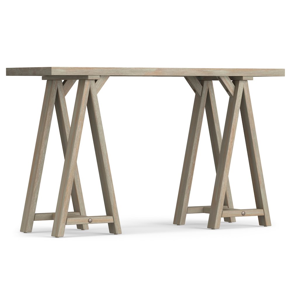 Sawhorse Solid Wood Console Sofa Table In Distressed Grey. Picture 1