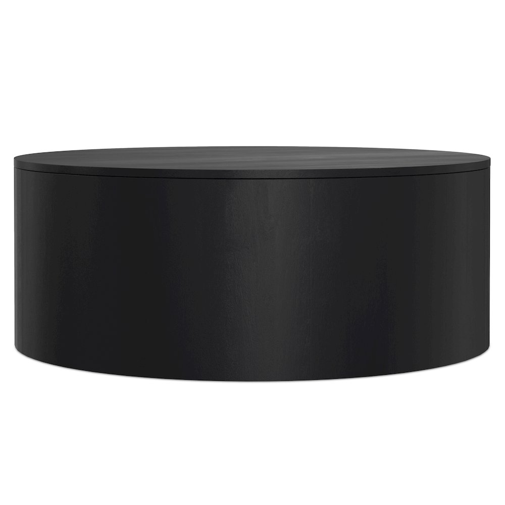 Solid Mango Wood 36 Inch Wide Round Contemporary Drum Coffee Table In Black. Picture 1
