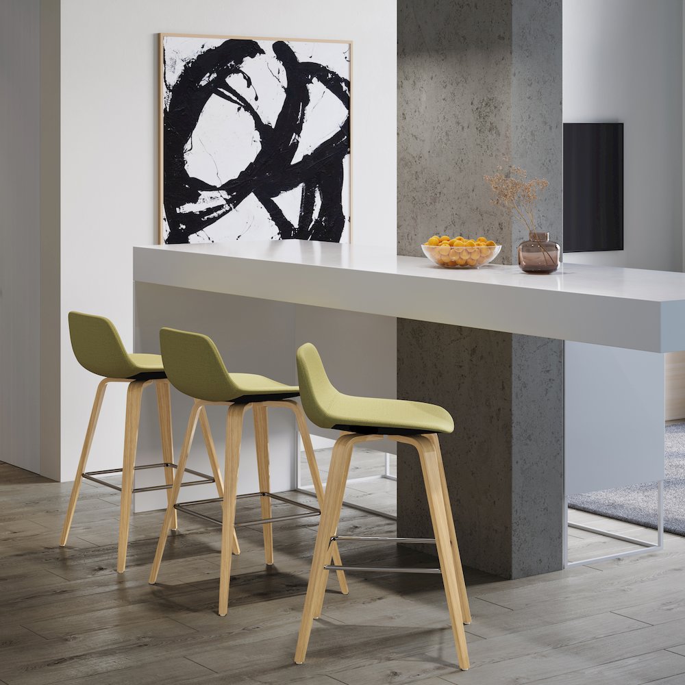Counter Height Stool (Set Of 2) With Light Wood In Acid Green Linen Look Fabric. Picture 5