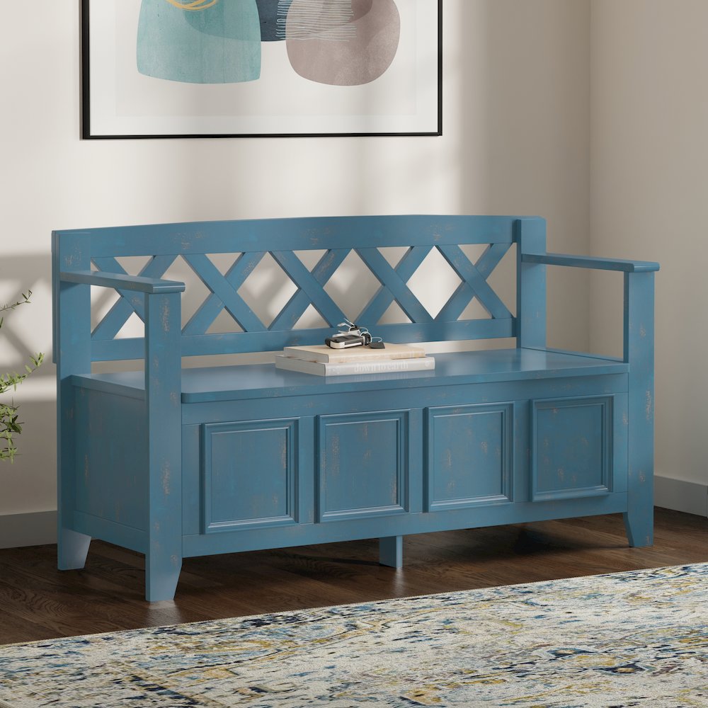 48 inch Wide Solid Wood Transitional Entryway Bench in Distressed Coastal Blue. Picture 7