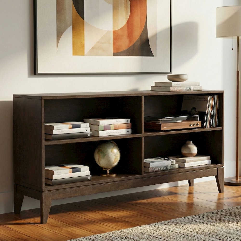 30 inch x 64 inch Solid Wood Mid Century 4-Shelf Low Bookcase in Walnut Brown. Picture 5