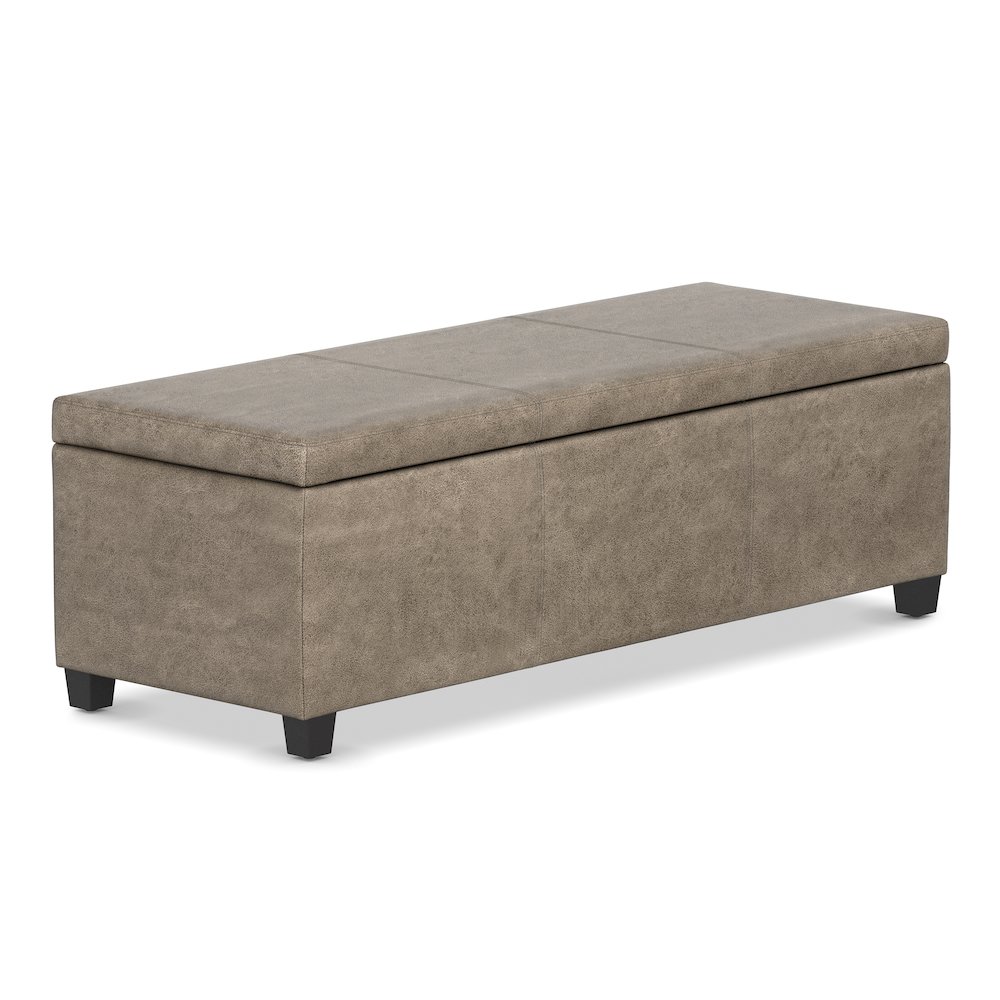 48 inch Wide Storage Ottoman Bench in Distressed Smoky Grey Brown Vegan Leather. Picture 1