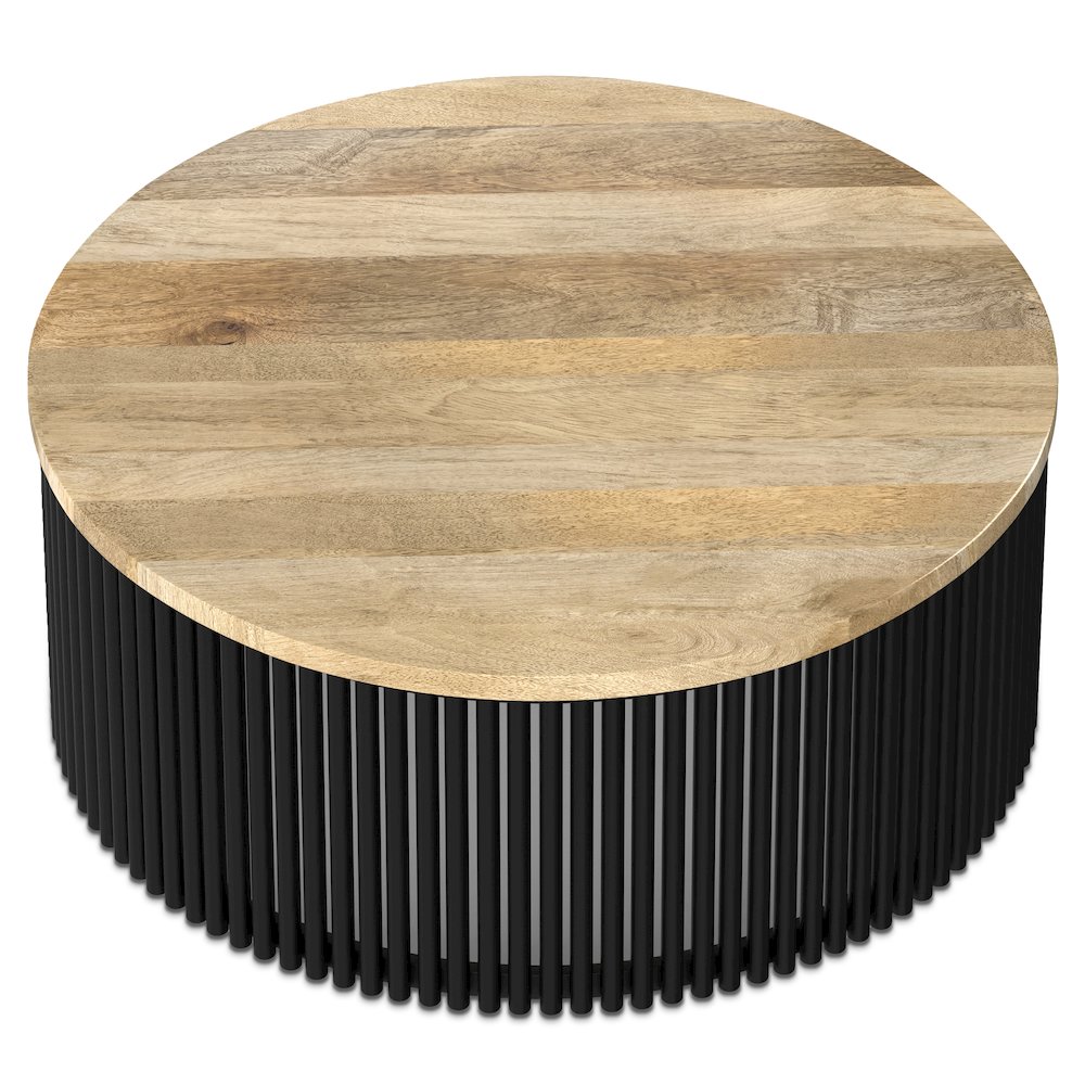 35 Inch Wide Round Industrial Contemporary Coffee Table In Natural, Black. Picture 2