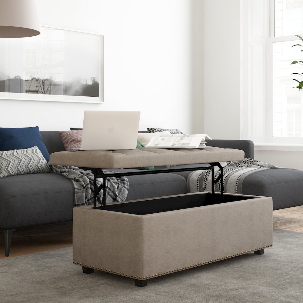 Hamilton Lift Top Rectangular Storage Ottoman in Natural Linen Look Fabric. Picture 2