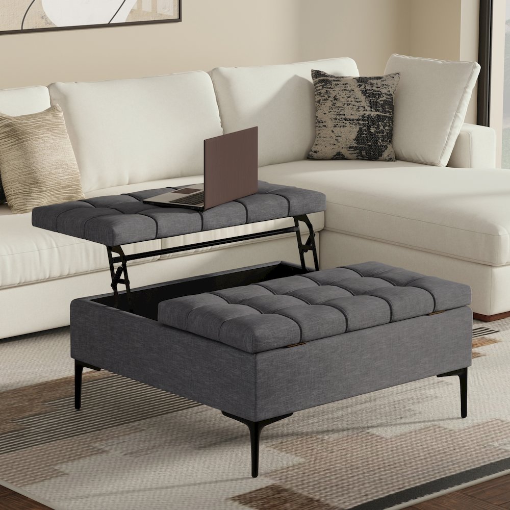 Laura Mid Century Lift Top Storage Ottoman in Slate Grey Polyester Linen. Picture 2