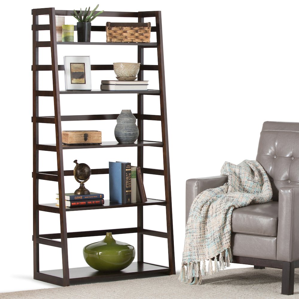 Acadian Solid Wood Ladder Shelf Bookcase In Brunette Brown. Picture 4