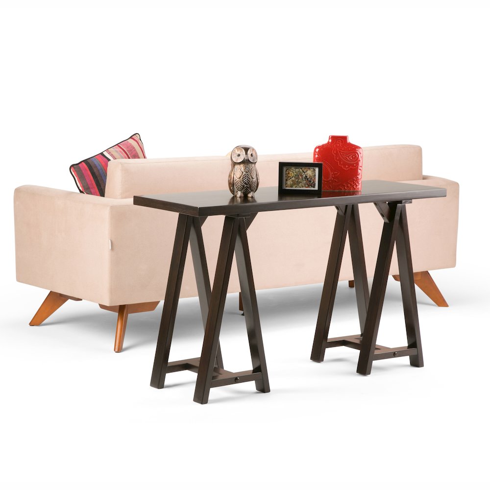 Sawhorse Solid Wood Console Sofa Table In Dark Chestnut Brown. Picture 5