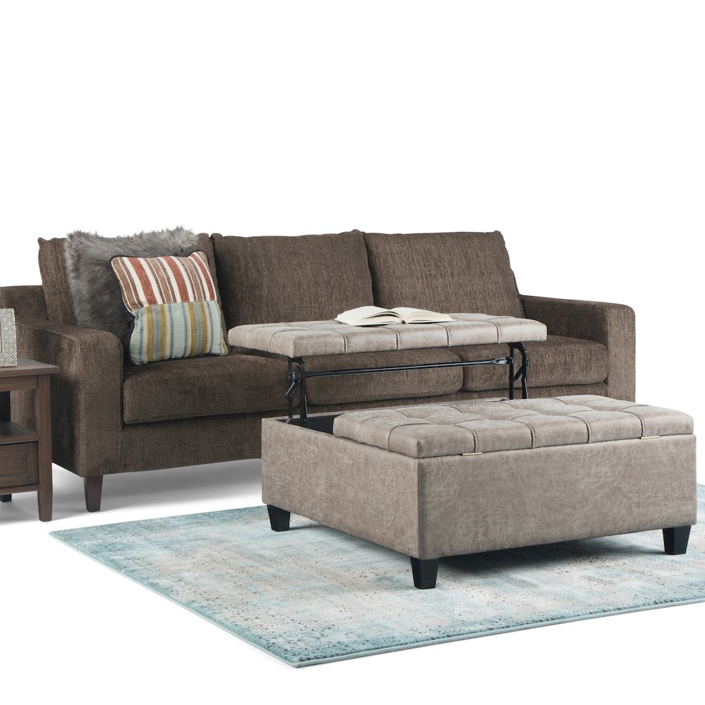 Coffee Table Storage Ottoman In Distressed Grey Taupe Vegan Faux Leather. Picture 5