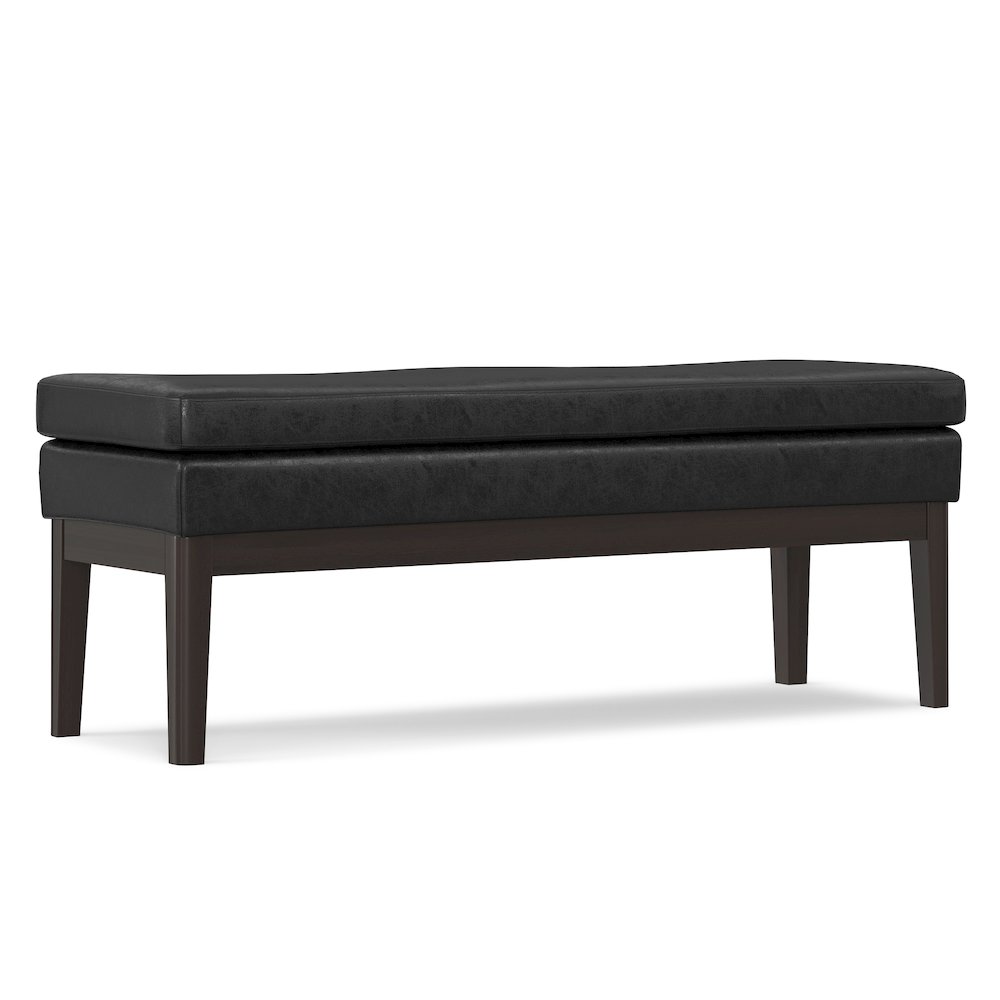 45 Inch Wide Mid Century Ottoman Bench In Distressed Black Vegan Faux Leather. Picture 1