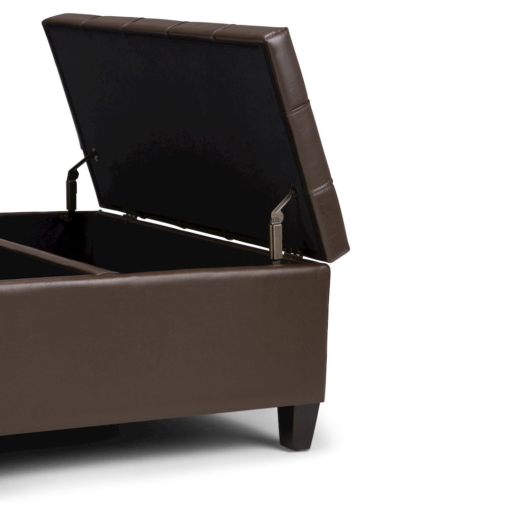 Harrison Coffee Table Storage Ottoman In Chocolate Brown Vegan Faux Leather. Picture 3