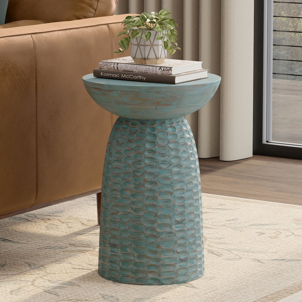 Boyd 16 inch Wide Solid Mango Contemporary Tall Accent Table in Teal Wash. Picture 2