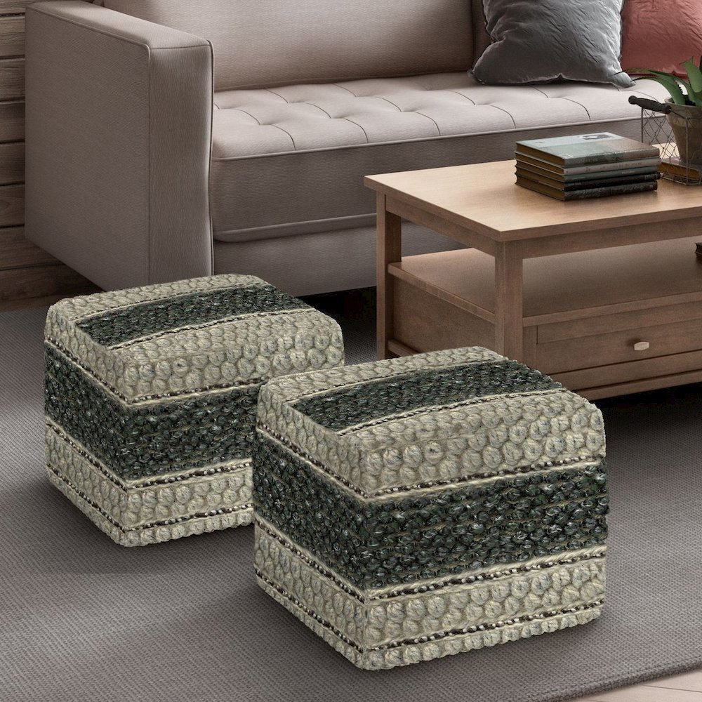 Grady Square Pouf In Green And Natural Handloom Woven. Picture 5