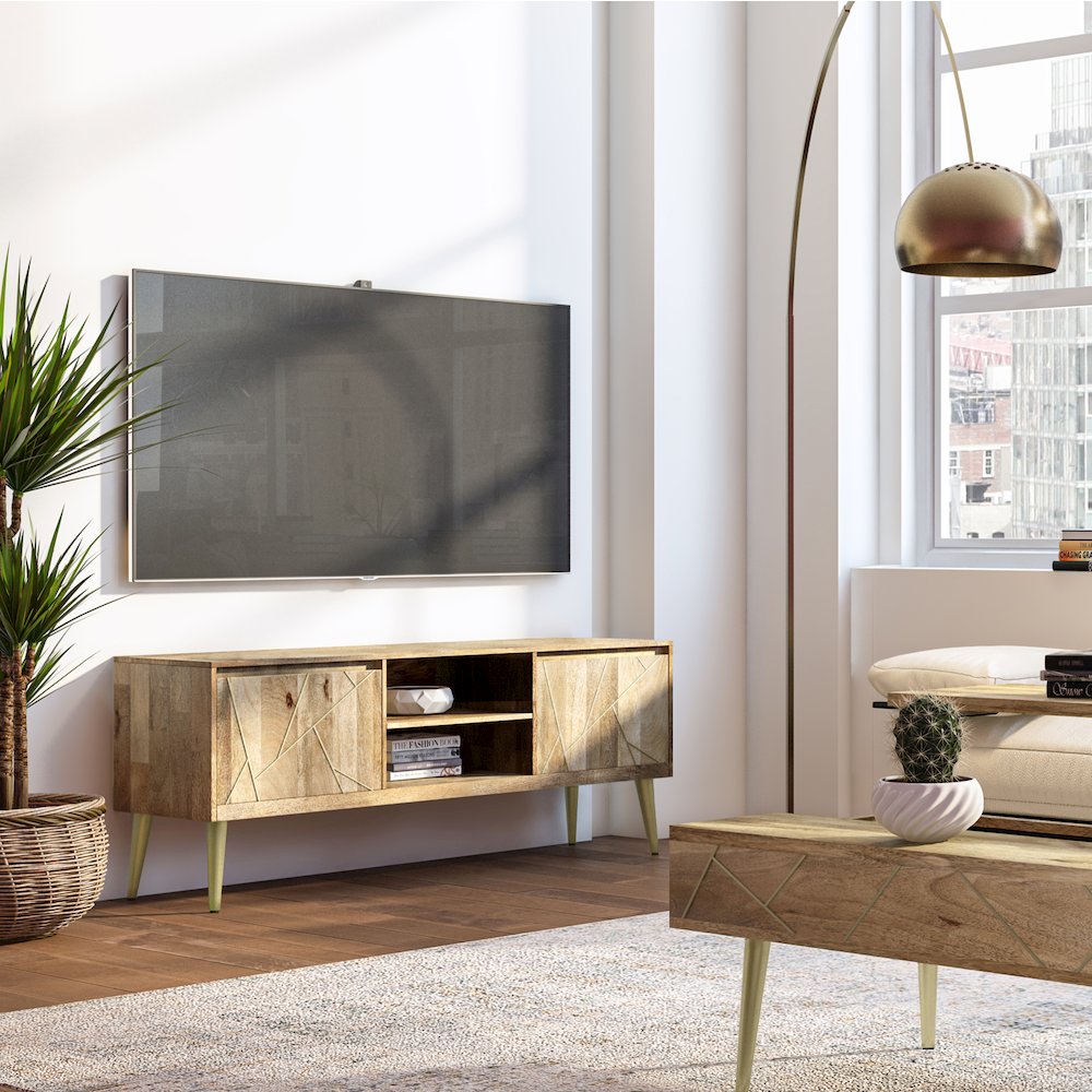 Jager Solid Mango Wood Tv Media Stand In Natural For Tvs Up To 65 Inches. Picture 5