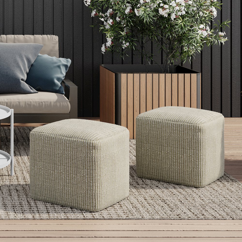 Outdoor/ Indoor Pouf In Cream And Natural Recycled Pet Polyester. Picture 5