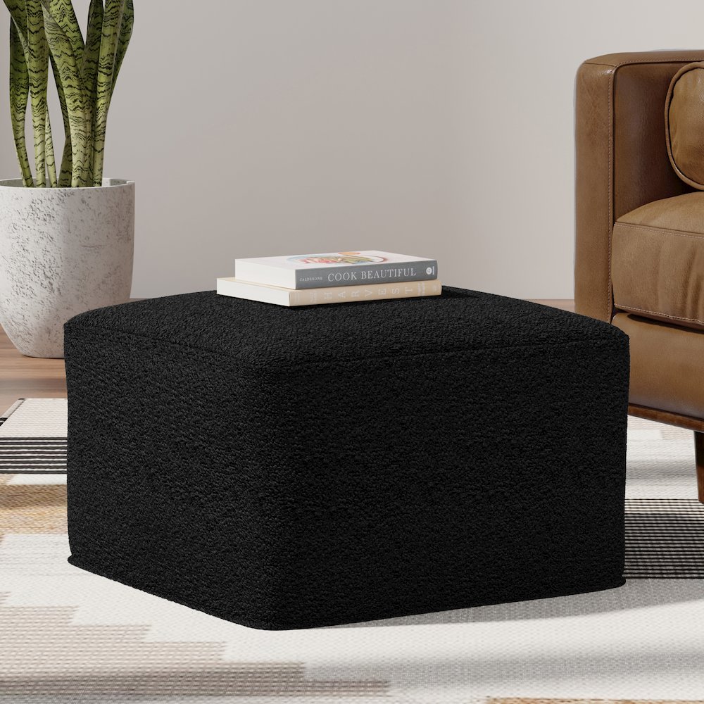 Chantal 24 inch Wide Contemporary Pouf in Black Boucle Fabric. Picture 6