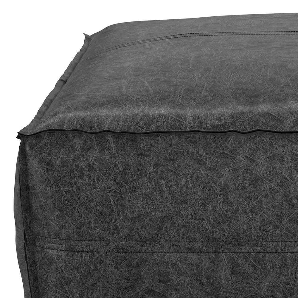 Brody Large Square Coffee Table Pouf In Distressed Black Vegan Faux Leather. Picture 4