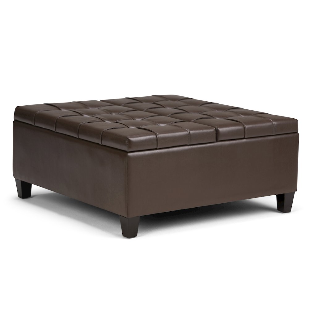 Harrison Coffee Table Storage Ottoman In Chocolate Brown Vegan Faux Leather. Picture 1