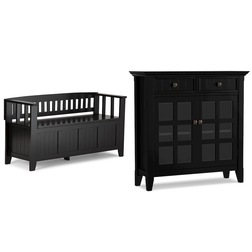 Solid Wood 48 inch Wide Storage Bench and 36 inch Wide Storage Cabinet in Black. Picture 1