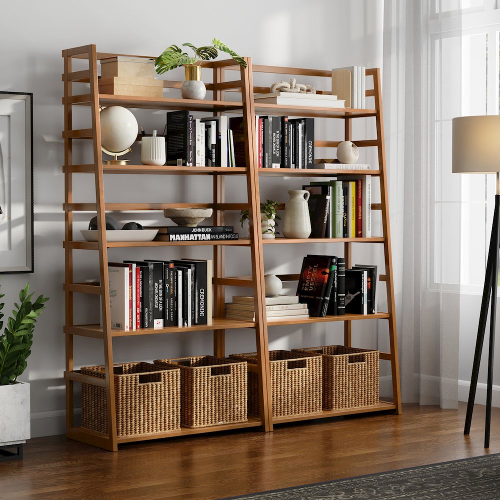 30 Inch Solid Wood 5 Shelf Ladder Bookcase In Light Golden Brown (Set Of 2). Picture 7