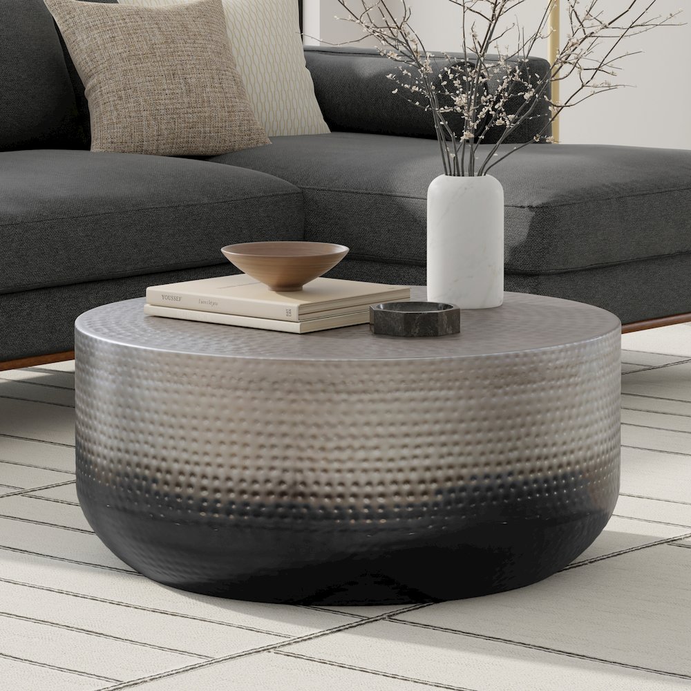 Nova 36 inch Wide Contemporary Metal Coffee Table in Silver Ombre, Assembled. Picture 6