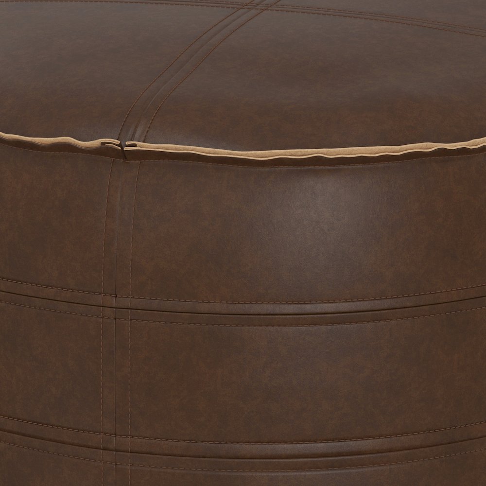 Brody 20 Inch Round Pouf In Distressed Dark Brown Vegan Faux Leather. Picture 2