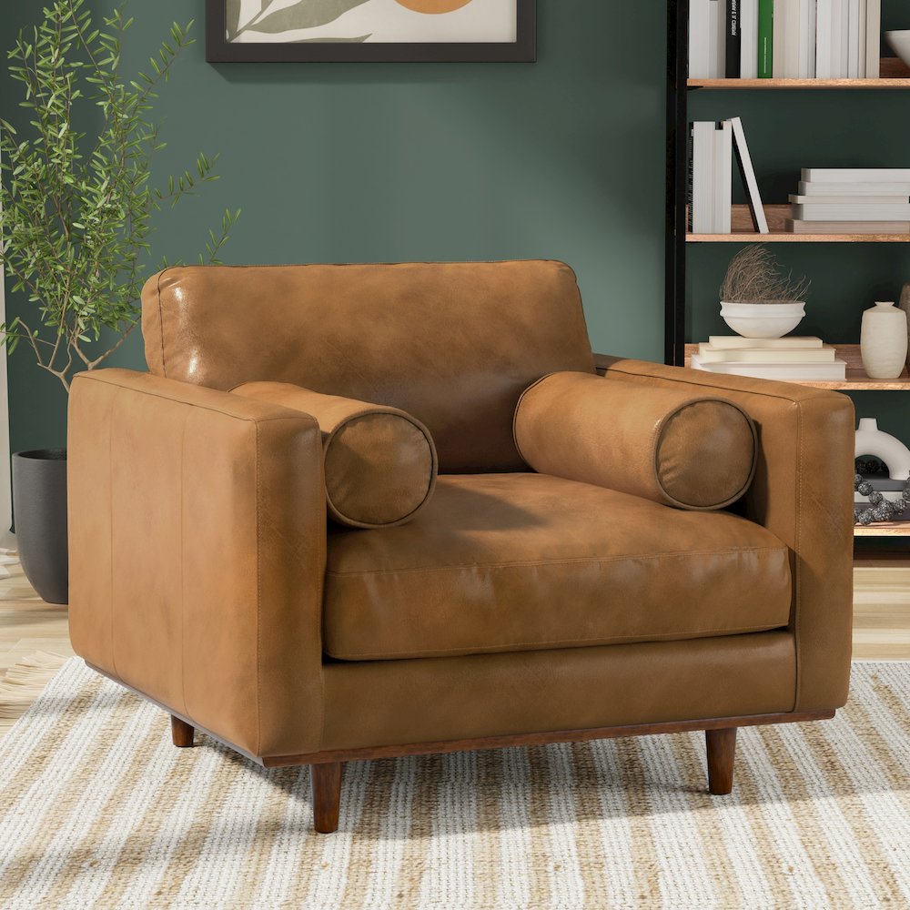 43 Inch Wide Mid-Century Modern Accent Chair In Sienna Top Grain Genuine Leather. Picture 7