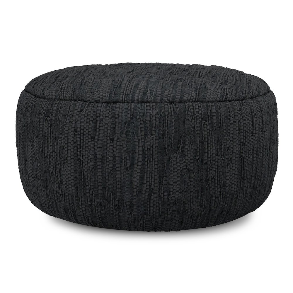 Fredrik 30 inch Wide Boho Pouf in Black Genuine Woven Leather, Assembled. Picture 2