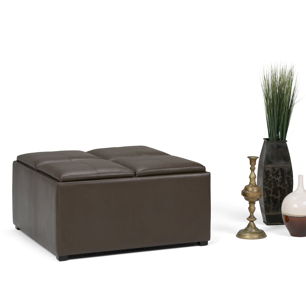 Avalon Square Coffee Table Storage Ottoman In Chocolate Brown Vegan Faux Leather. Picture 5