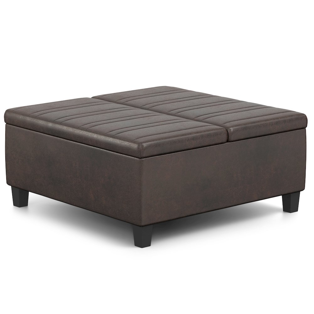 Ellis Coffee Table Storage Ottoman In Distressed Brown Vegan Faux Leather. Picture 4