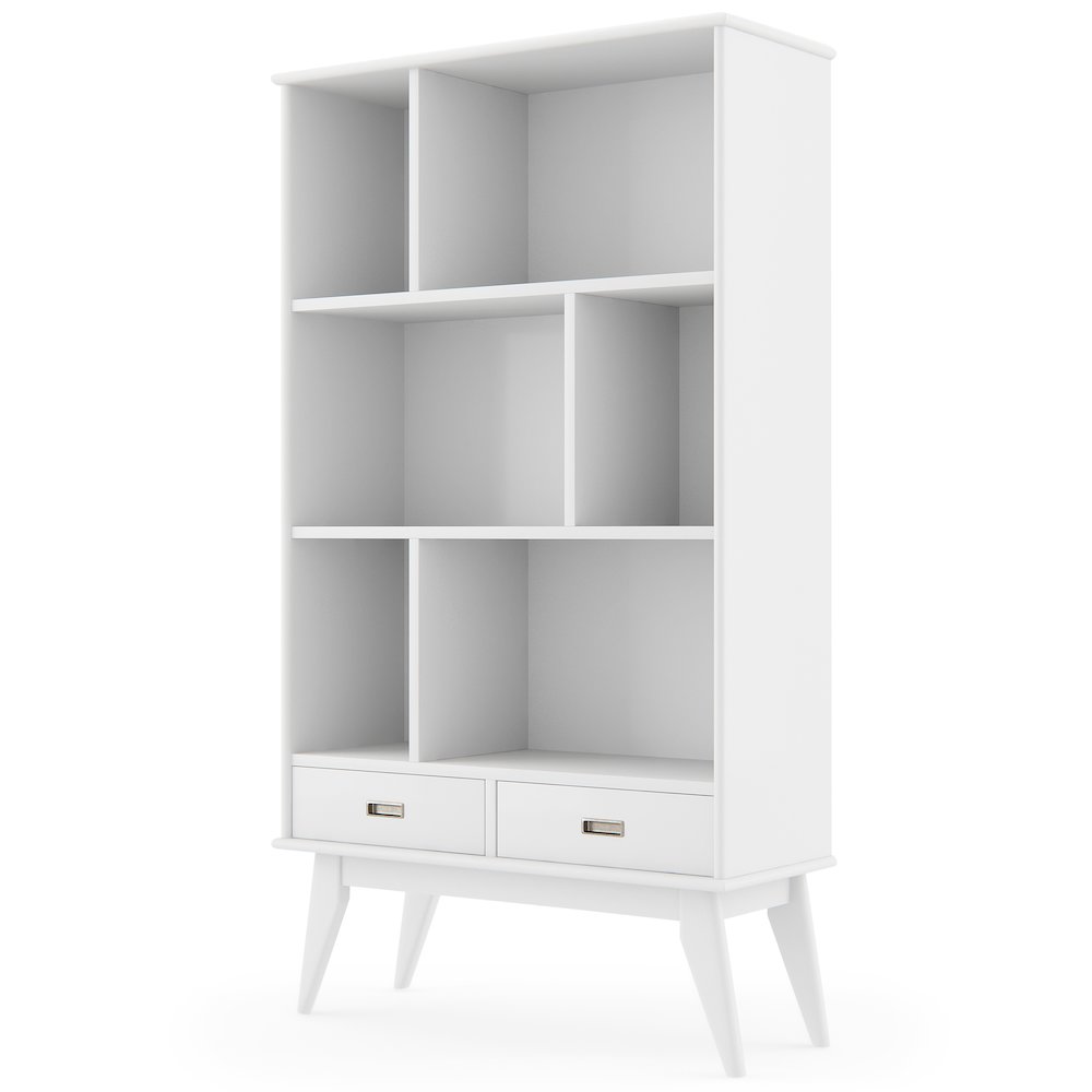 Draper Solid Hardwood Mid Century Wide Bookcase And Storage Unit In White. Picture 1