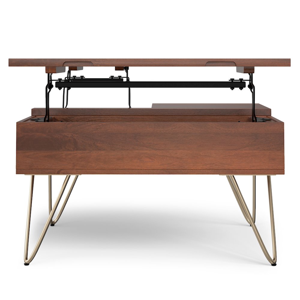 Hunter Solid Mango Wood Lift Top Square Coffee Table In Umber Brown, Gold. Picture 2