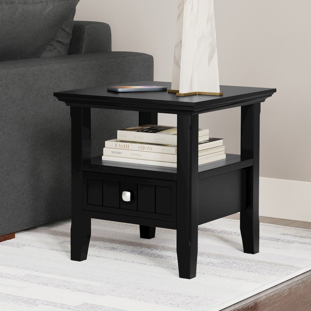 Acadian 19 Inch Wide Solid Wood Transitional End Table With Drawer In Black. Picture 7