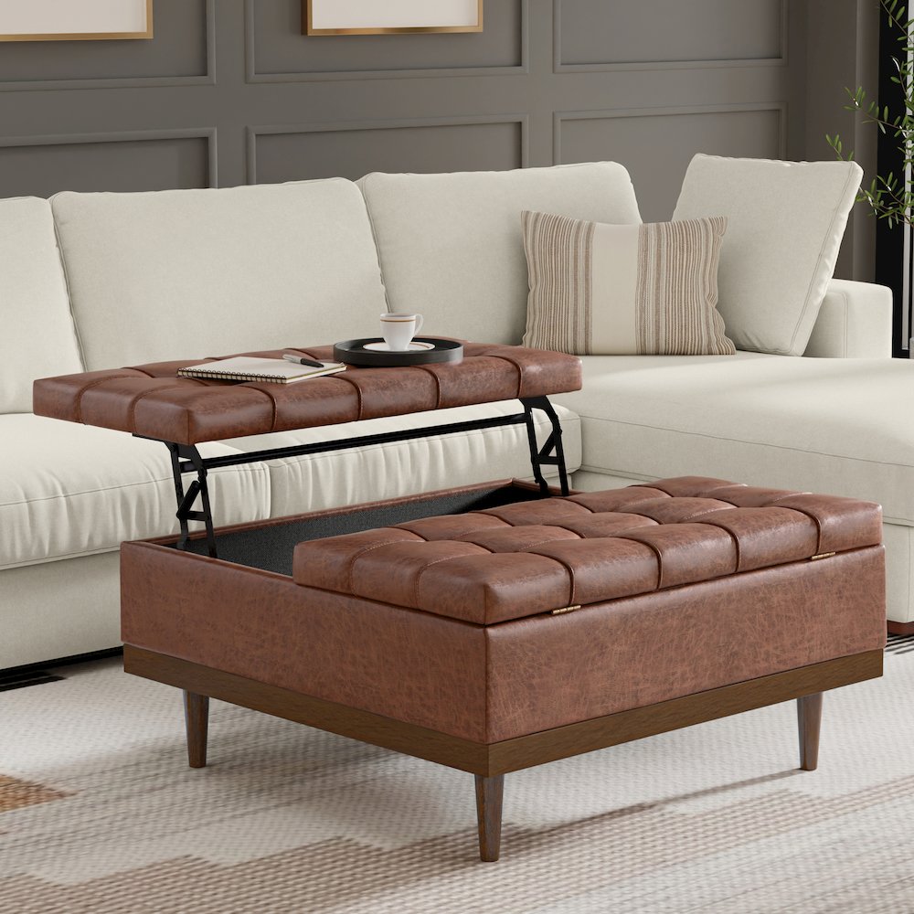 Mariah Lift Top Table Storage Ottoman in Distressed Saddle Brown. Picture 2