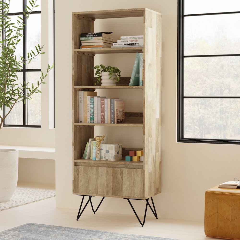 Hunter Solid Mango Wood Tall Bookcase In Natural. Picture 5