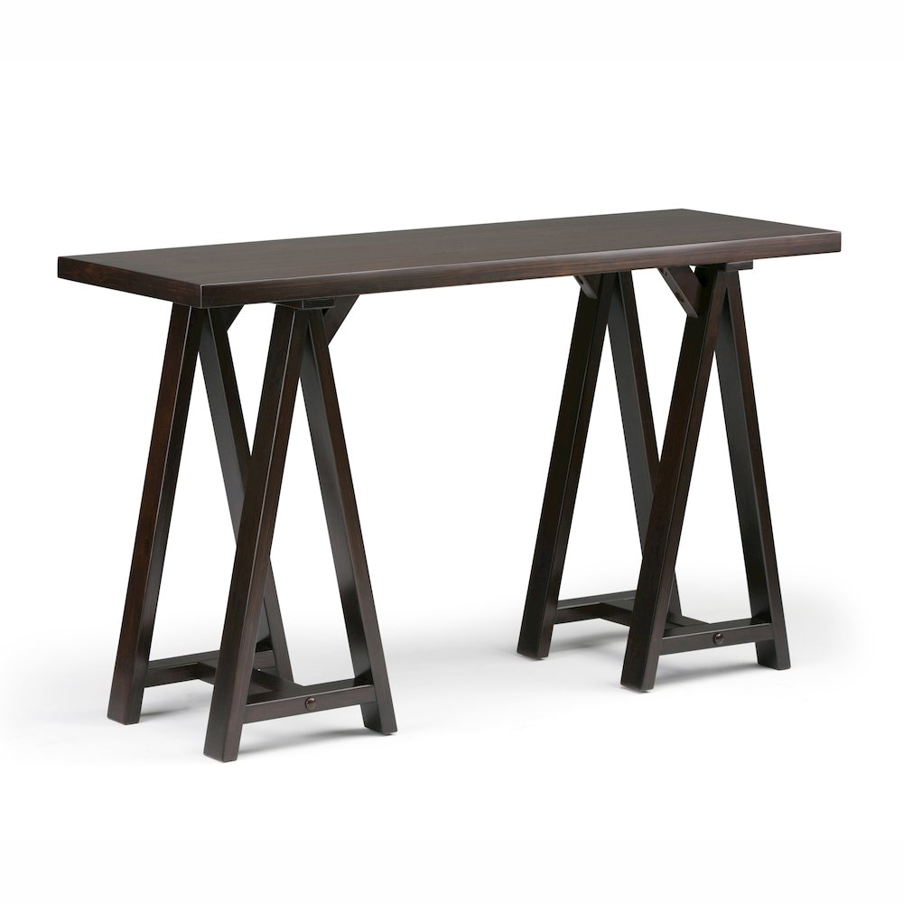 Sawhorse Solid Wood Console Sofa Table In Dark Chestnut Brown. Picture 1