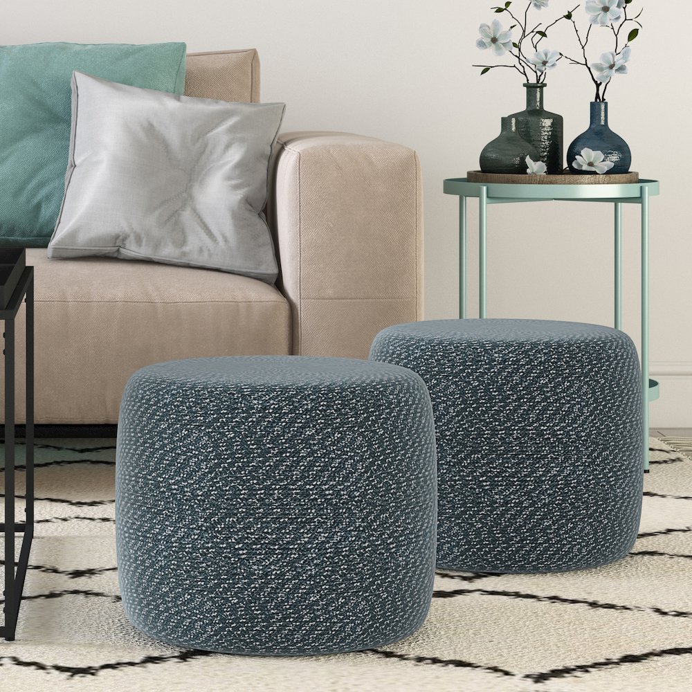Bayley Round Braided Pouf In Aegean Blue And Natural Cotton. Picture 5