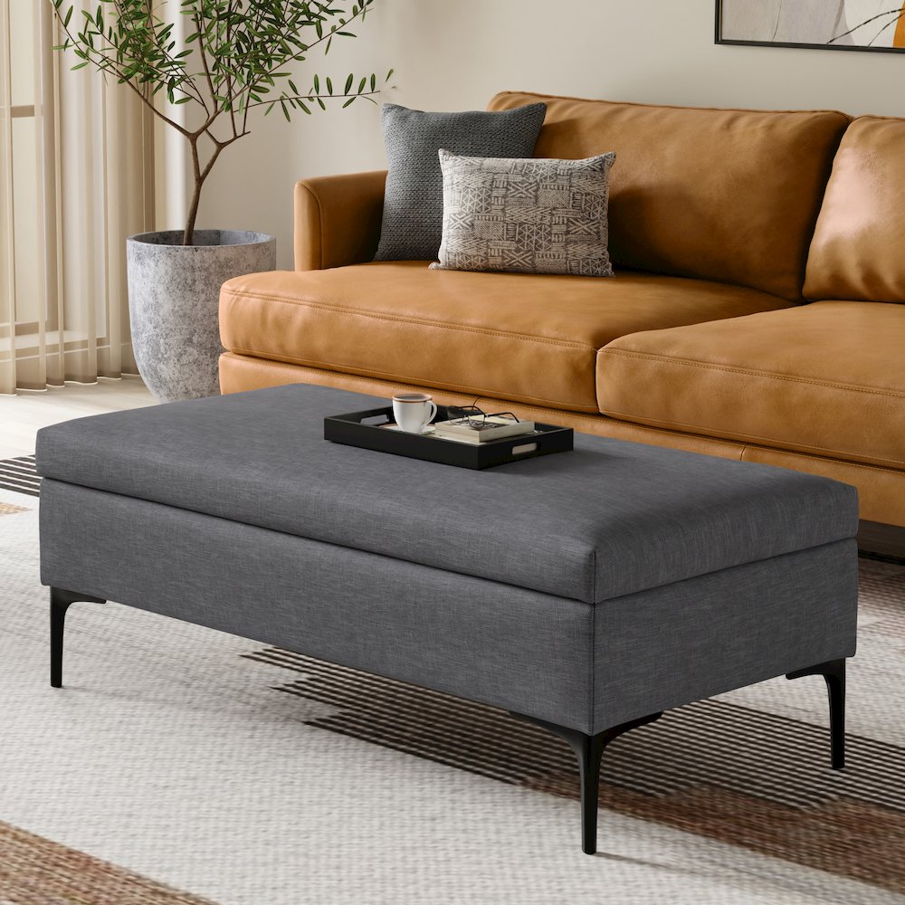 Large Coffee Table Storage Ottoman with Lift up Lid in Slate Grey Polyester. Picture 2