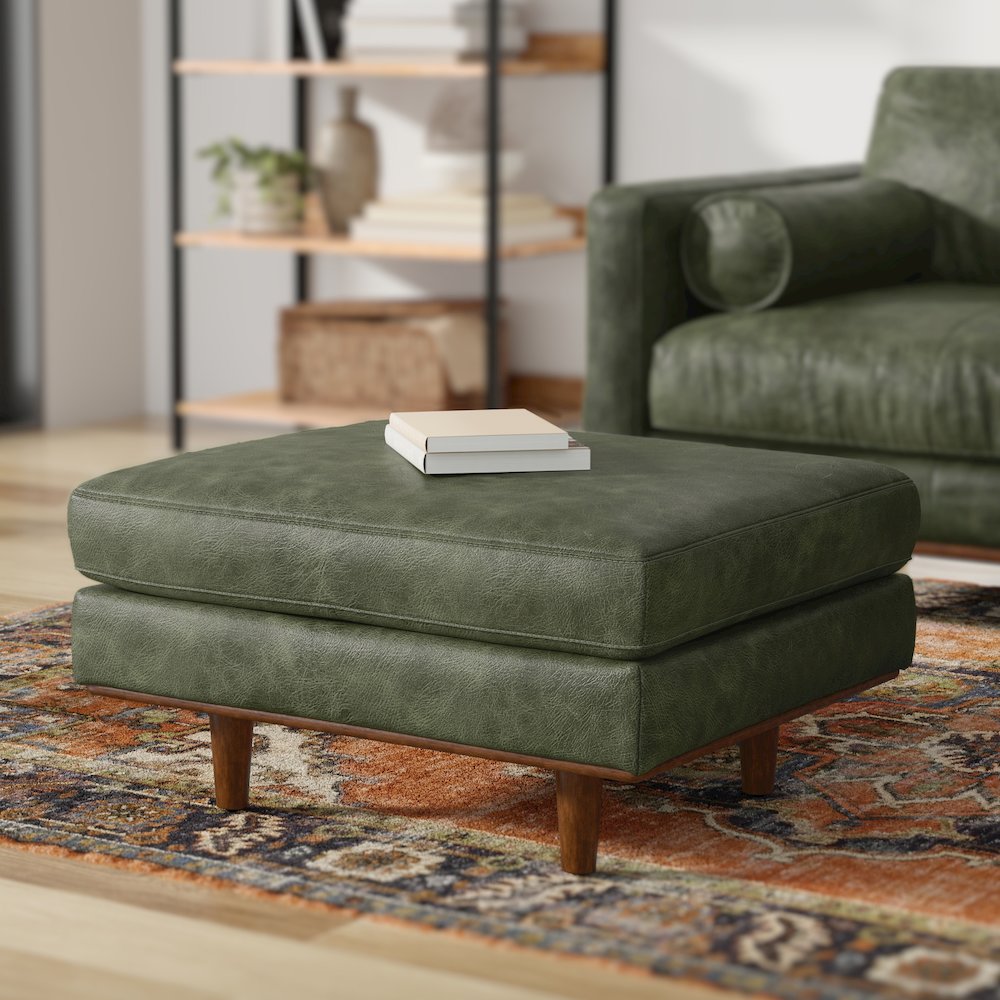 33 Inch Wide Mid-Century Modern Table Ottoman In Moss Green Genuine Leather. Picture 6