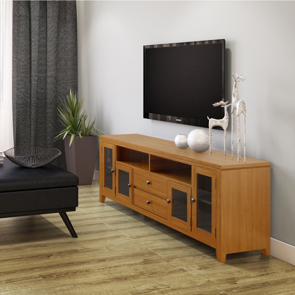 72 Inch Wide Tv Media Stand In Light Golden Brown For Tvs Up To 80 Inches. Picture 5