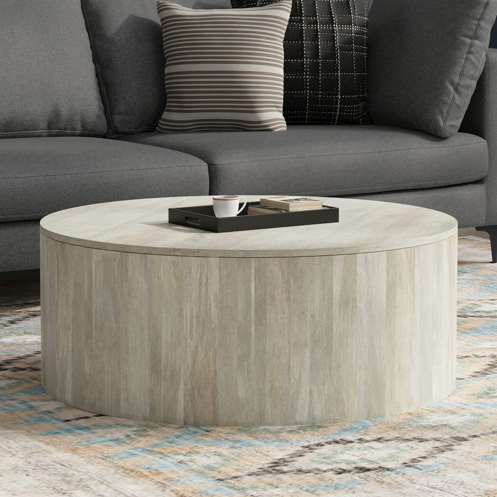 Solid Mango Wood 36 Inch Wide Round Contemporary Drum Coffee Table In White Wash. Picture 6