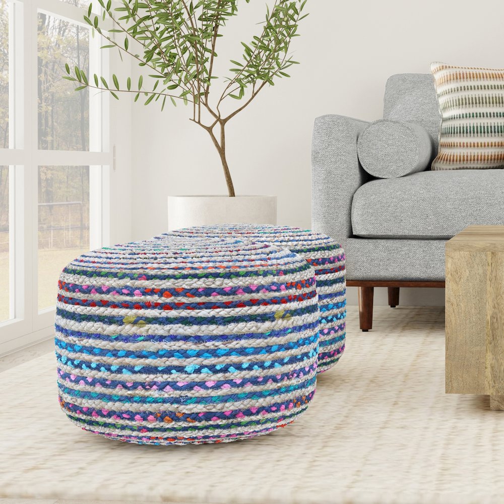 Margo Round Pouf In Blue Braided Jute. Picture 5